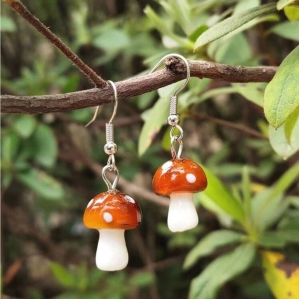 Glass Mushroom Toadstool Drop Earrings Whimsical Fairycore